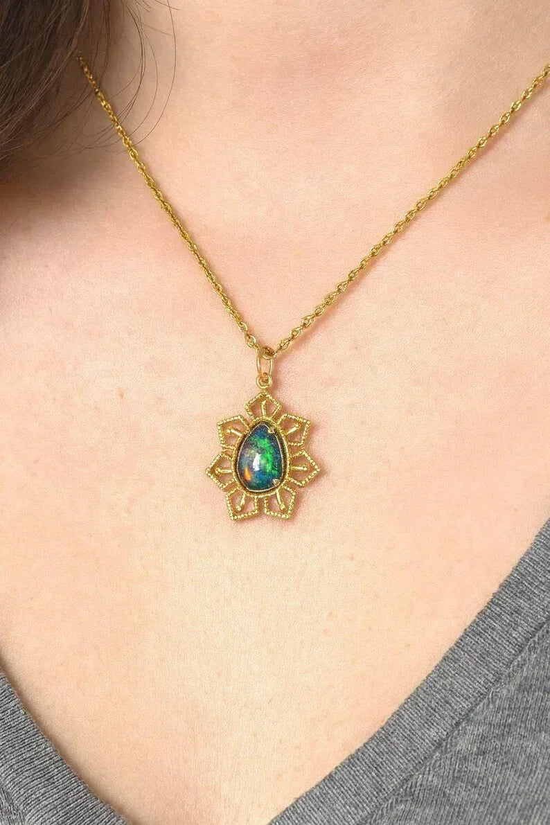 Black Opal Sunburst Pendant, 14k Gold Teardrop Fire Opal - K Jewelry Accessories