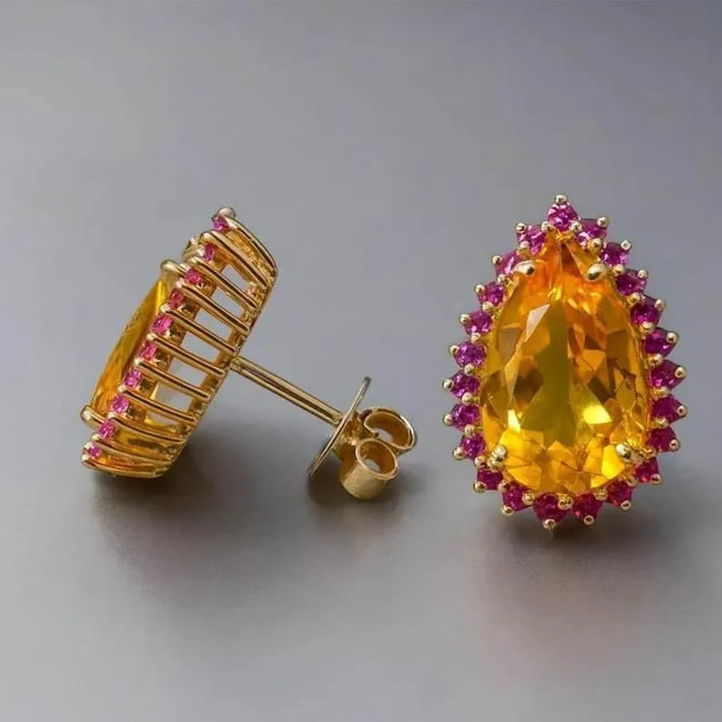 14K Gold Pear Citrine Stud Earrings with Ruby Halo: November Birthstone - K Jewelry Accessories