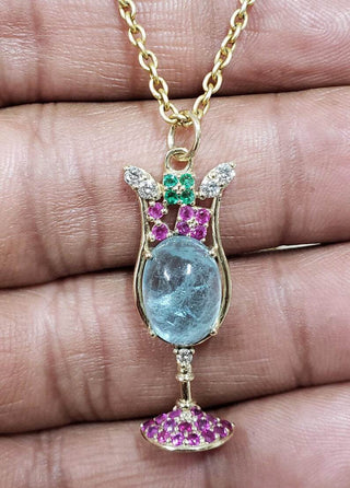 Wine Glass Shape Natural Aquamarine, Emerald, Ruby & Diamond Pendant - K Jewelry Accessories