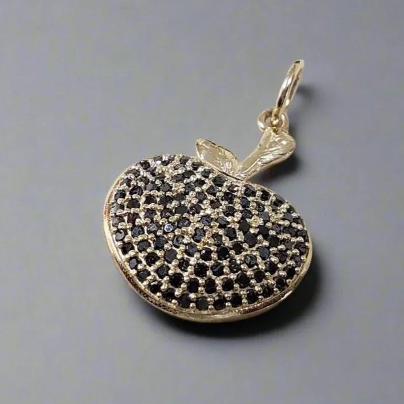 14k Gold Black Diamond Pendant, Apple Shape Pendant, Pave Set