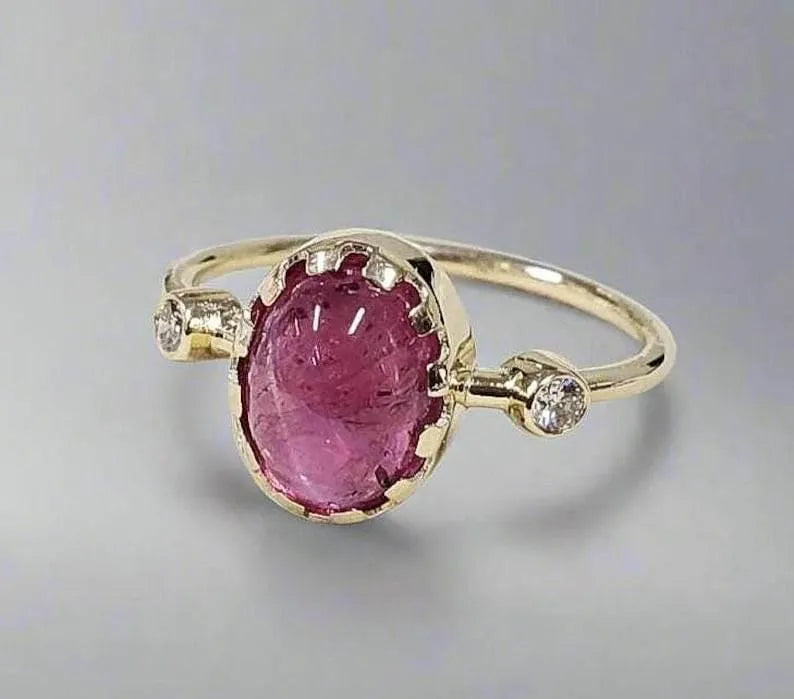 Handmade Cabochon Pink Tourmaline 14k Gold Ring: Stackable Diamond Accent - K Jewelry Accessories