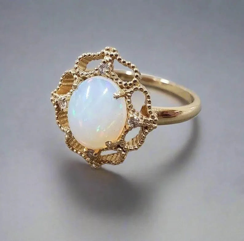 14k Gold Ethiopian Opal Ring with Diamonds: October Birthstone - K Jewelry Accessories