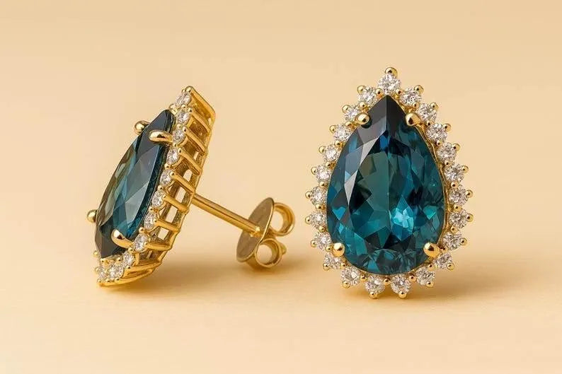 14k Gold London Blue Topaz Pear Earrings with Diamond Halo - K Jewelry Accessories