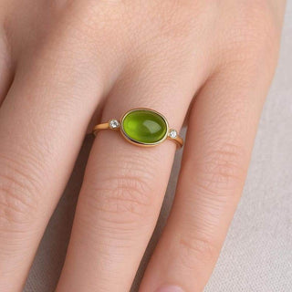 14k Gold Peridot Ring: Oval Cabochon, Diamond August Birthstone - K Jewelry Accessories