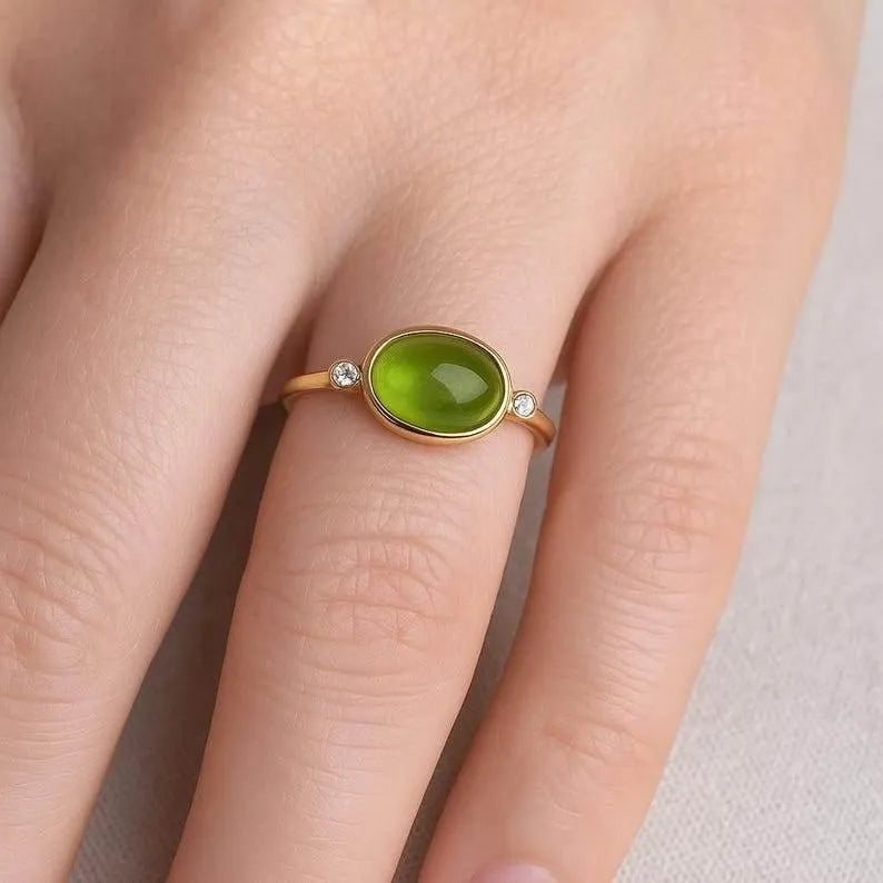 14k Gold Peridot Ring: Oval Cabochon, Diamond August Birthstone - K Jewelry Accessories