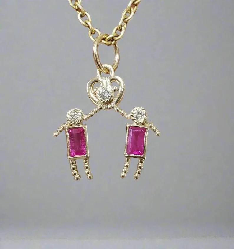 14k Gold Family Pendant Necklace: Tourmaline, Diamond Heart, Baguette Birthstone - K Jewelry Accessories