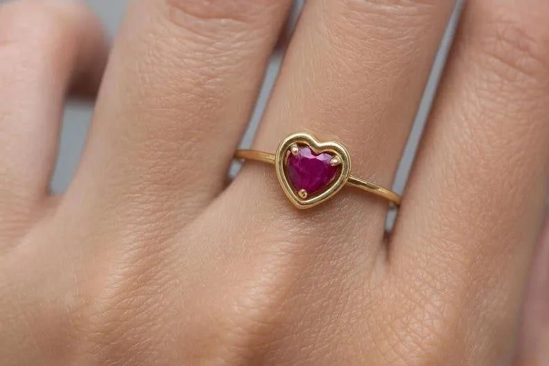 Solid 14k Gold Ruby Heart Ring – Dainty Stacking Ring - K Jewelry Accessories