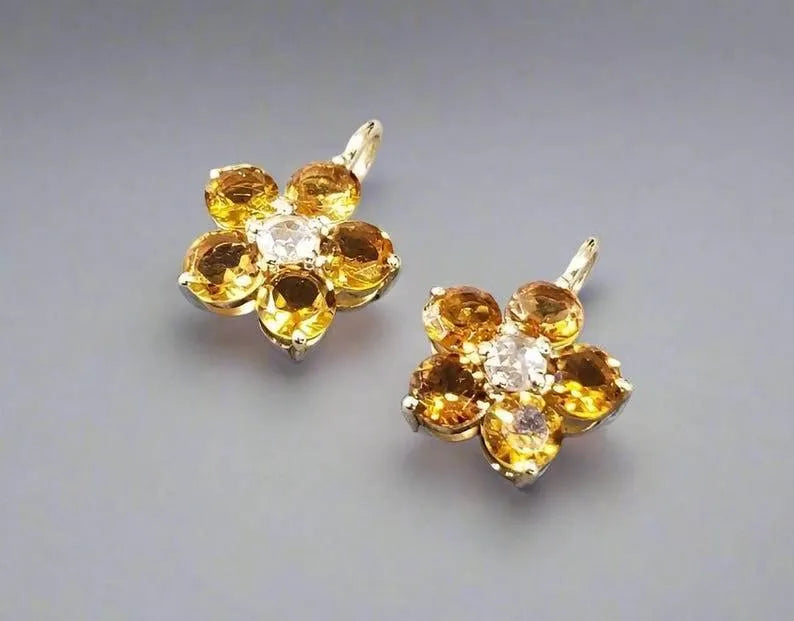 14k Gold Flower Pendant: Yellow Tourmaline & Rose Cut Diamond Charm - K Jewelry Accessories