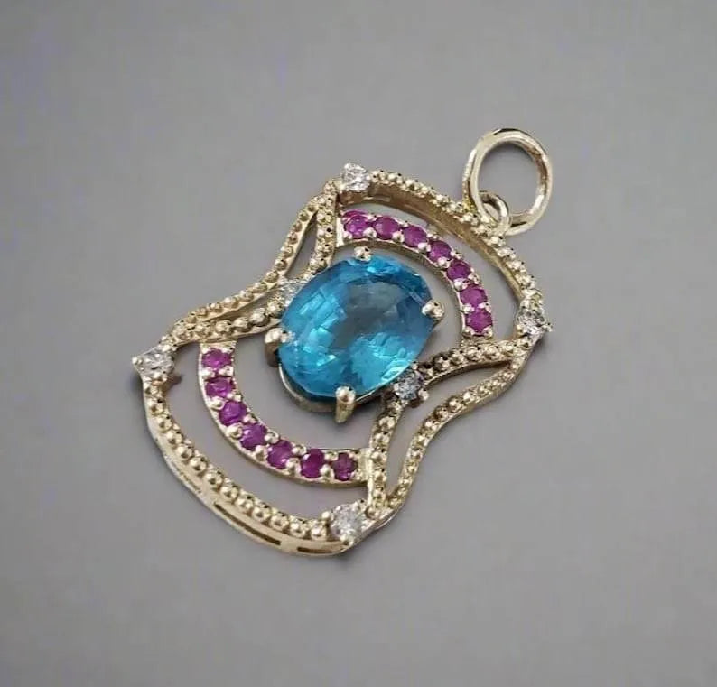 Art Deco 14k Gold Paraiba Apatite Pendant: Ruby & Diamond Accent - K Jewelry Accessories