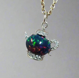 14k Gold Teapot Pendant: Black Ethiopian Opal & Diamond Studded - K Jewelry Accessories