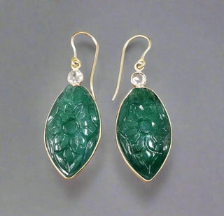 Carved Zambian Emerald 14k Gold Earrings with Rose Cut Diamonds - K Jewelry Accessories