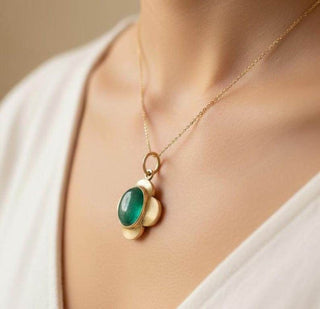 14k Gold Emerald Pendant | Oval Cabochon Gemstone Necklace - K Jewelry Accessories