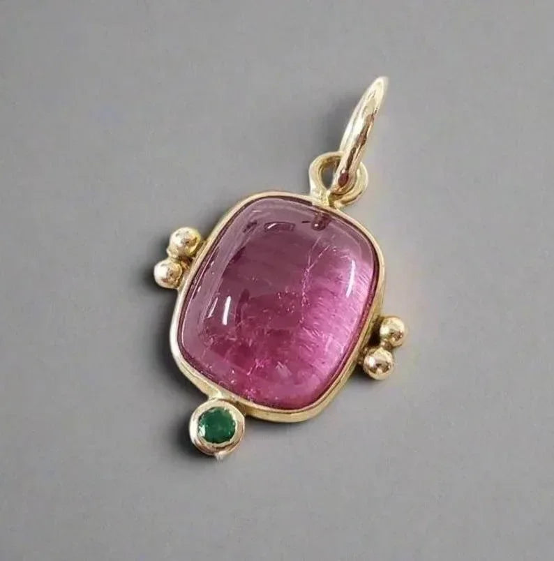 Natural Pink Tourmaline Pendant with Emerald Accent - K Jewelry Accessories