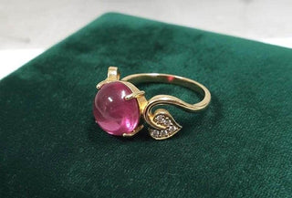 14k Gold Cabochon Pink Tourmaline and Diamond Ring - K Jewelry Accessories