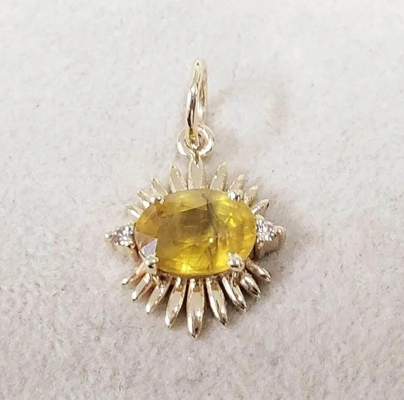 14K Gold Yellow Sapphire Sunburst Pendant: Diamond Halo, Fine Jewelry - K Jewelry Accessories