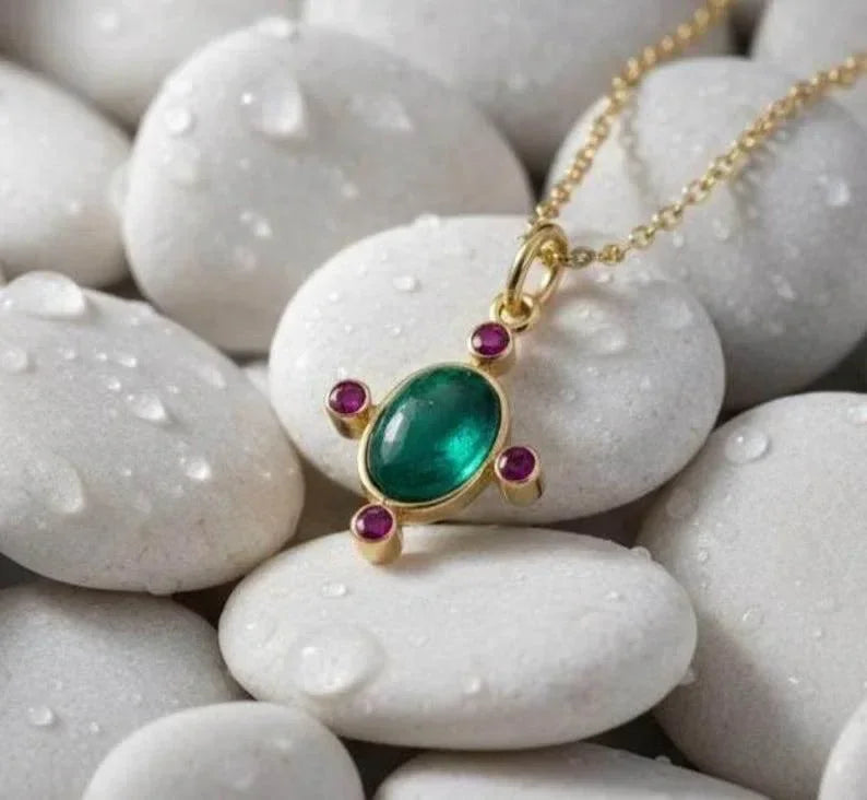 14k Gold Emerald Ruby Pendant | Oval Green Gemstone Necklace - K Jewelry Accessories