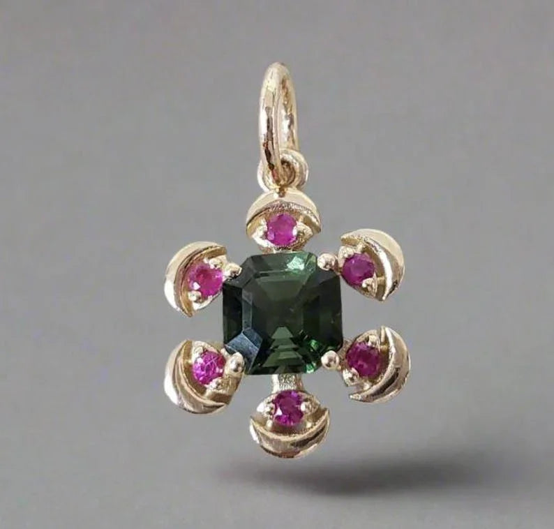 Natural Green Tourmaline & Ruby Floral Pendant, Asscher Cut