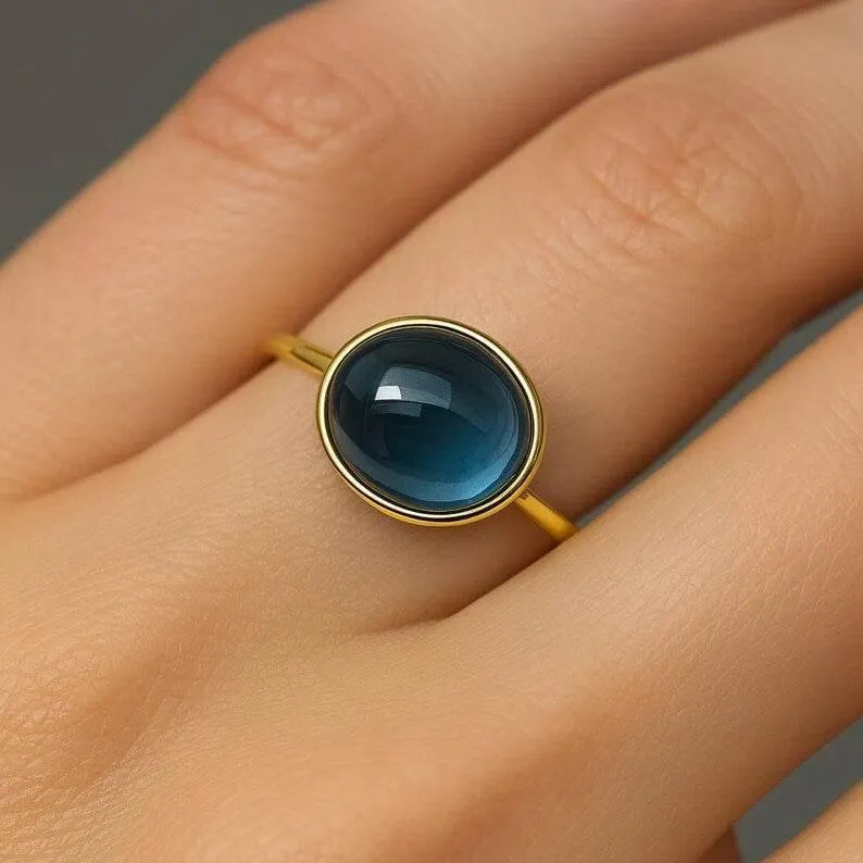 London Blue Topaz Ring, 8x10mm Oval Cabochon Gemstone, - K Jewelry Accessories