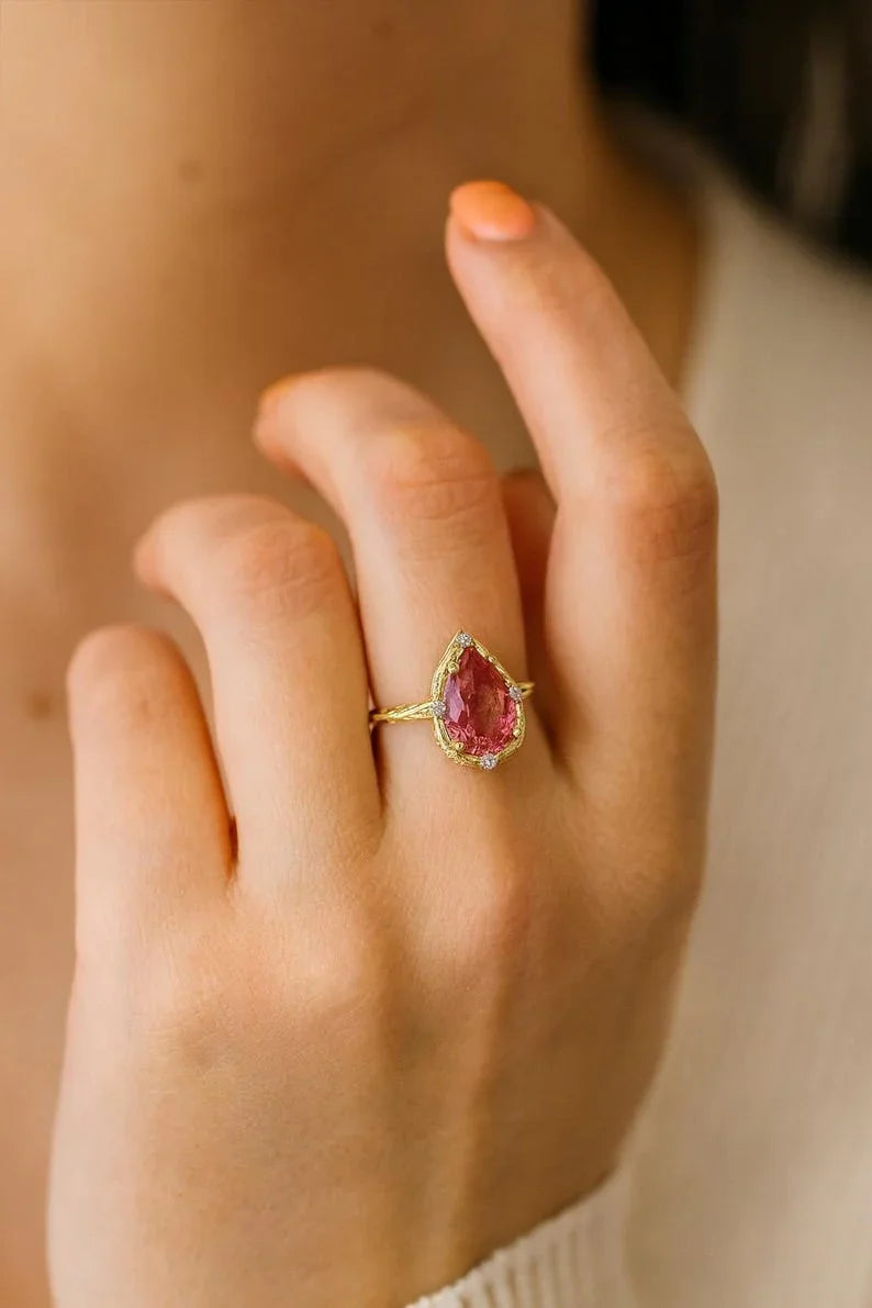 Elegant Pear Cut Pink Tourmaline & Diamond Ring, Textured 14k Gold