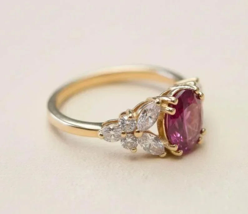 Pink Tourmaline Gold Ring with White Topaz Accents - K Jewelry Accessories