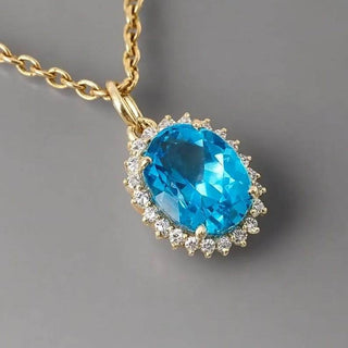 14k Gold Swiss Blue Topaz Gold Pendant with Diamonds – Oval Halo Gemstone Necklace - K Jewelry Accessories