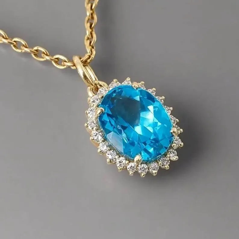 14k Gold Swiss Blue Topaz Gold Pendant with Diamonds – Oval Halo Gemstone Necklace - K Jewelry Accessories