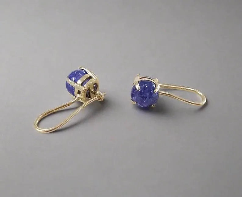 14k Gold Tanzanite Earrings – Round Cabochon Leverback Dangle - K Jewelry Accessories