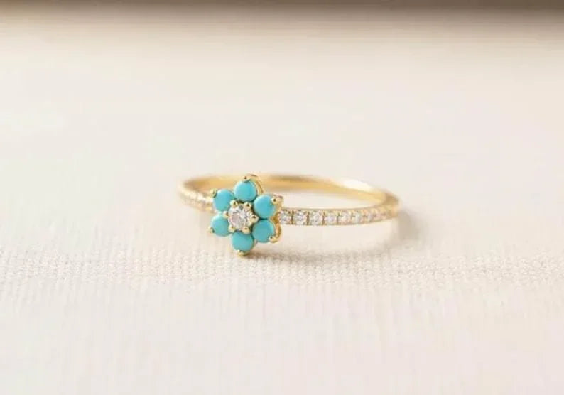 14k Gold Turquoise Diamond Flower Ring – Dainty Birthstone Ring - K Jewelry Accessories