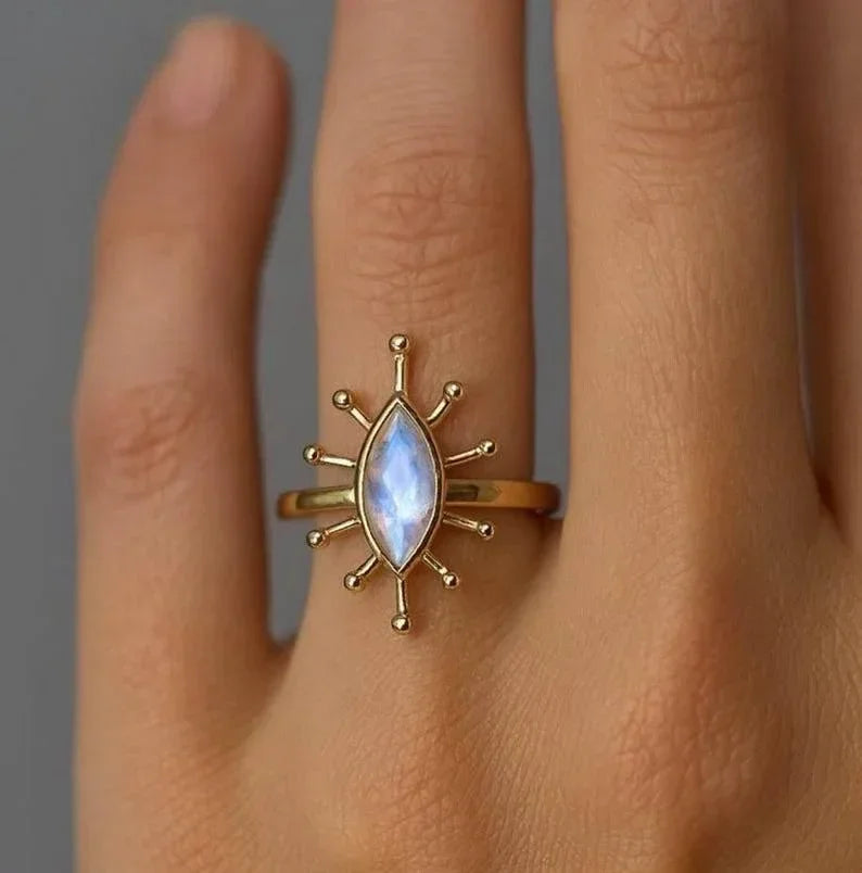 14k Gold Rainbow Moonstone Ring – Marquise Cut Gemstone Ring - K Jewelry Accessories