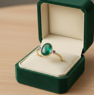 14k Gold Emerald & Amethyst Ring, Natural Cabochon Ring - K Jewelry Accessories