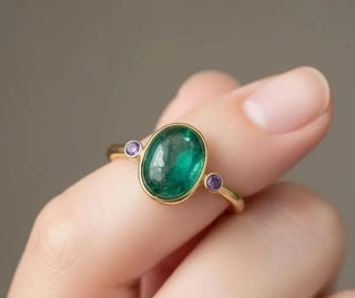 14k Gold Emerald & Amethyst Ring, Natural Cabochon Ring - K Jewelry Accessories