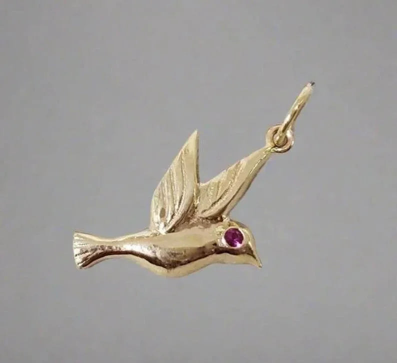 14k Gold Hummingbird Pendant with Ruby Eye | Dainty Bird Charm Necklace - K Jewelry Accessories