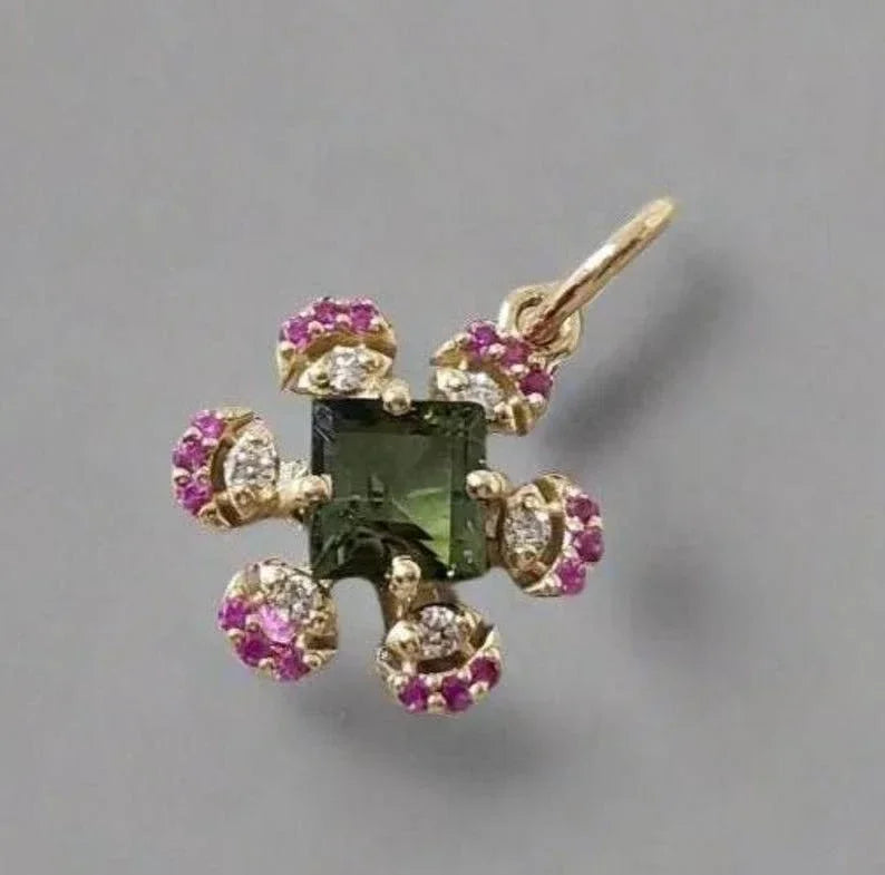14k Gold Green Tourmaline Pendant with Ruby & Diamond Accents - K Jewelry Accessories