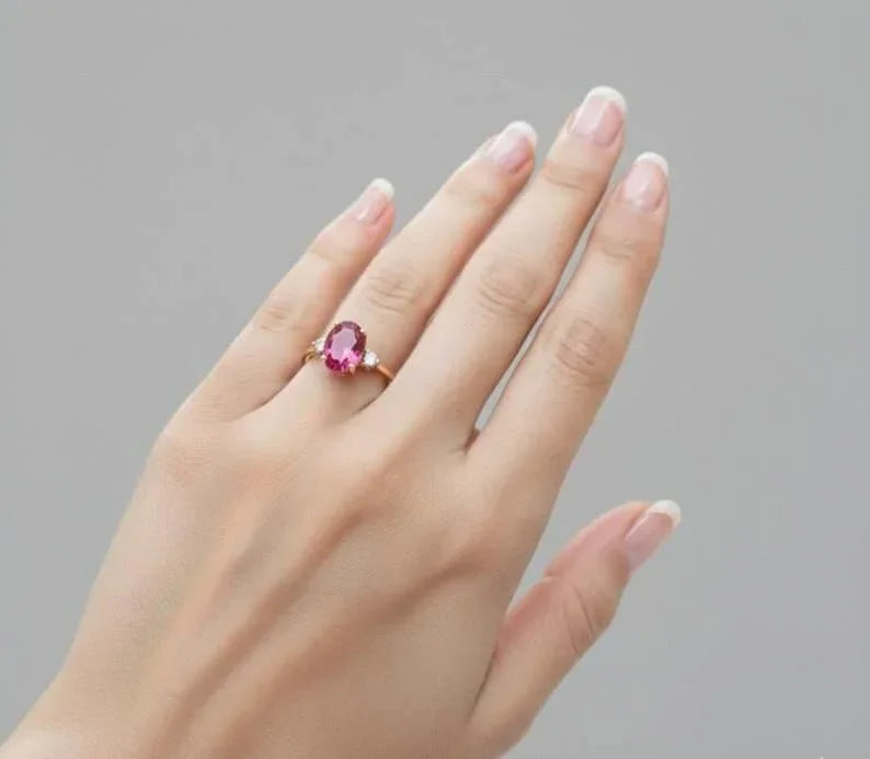 14k Gold Tourmaline Diamond Ring ,Oval Pink Tourmaline Engagement Ring - K Jewelry Accessories
