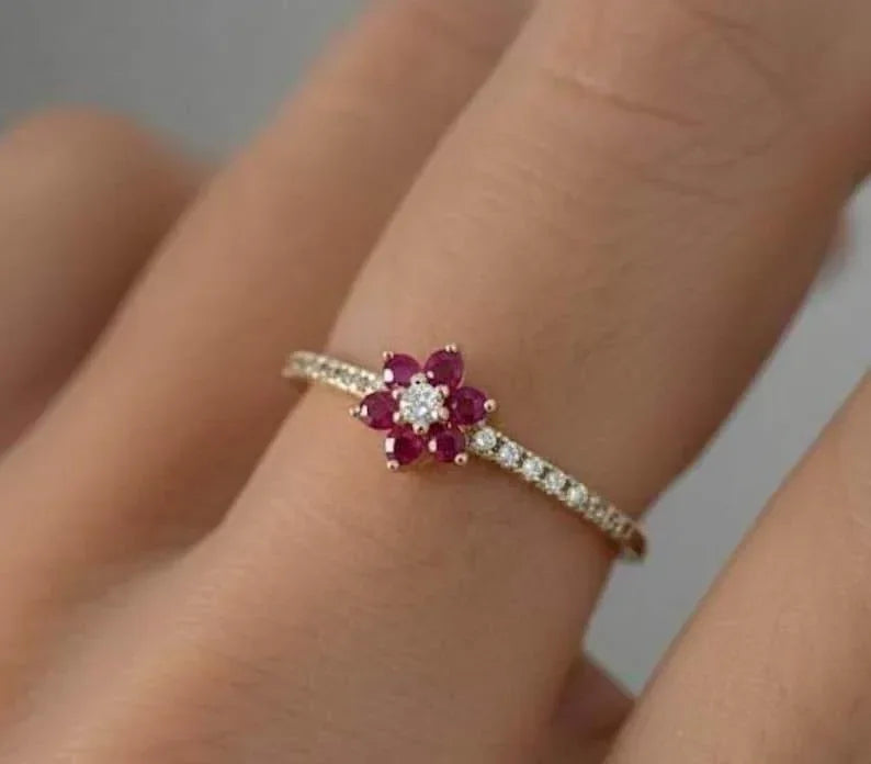 14k Gold Ruby & Diamond Ring – Flower ring Dainty July Birthstone Ring - K Jewelry Accessories