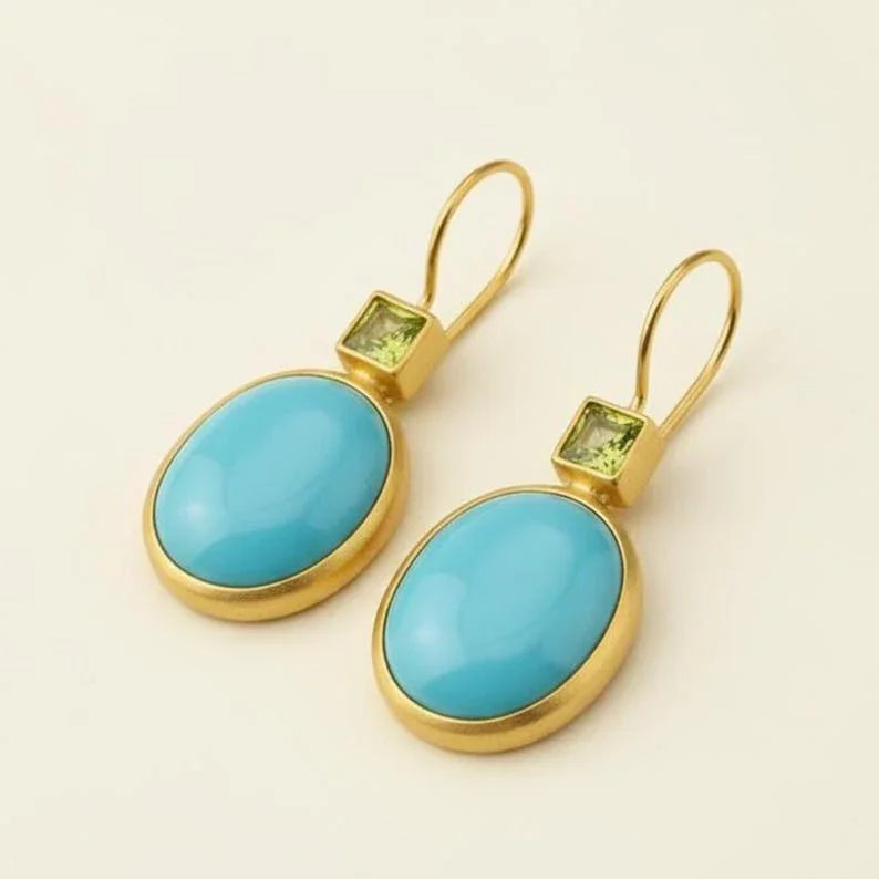 14K Gold Sleeping Beauty Turquoise and Square Peridot Dangle Earrings