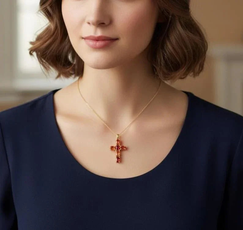 18k Gold Natural Orange Sapphire Cross Pendant : Unisex