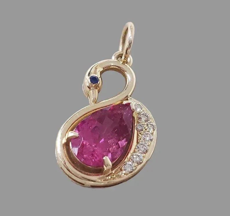 14k Gold Pink Tourmaline Pendant with Diamonds & Blue Sapphire - K Jewelry Accessories