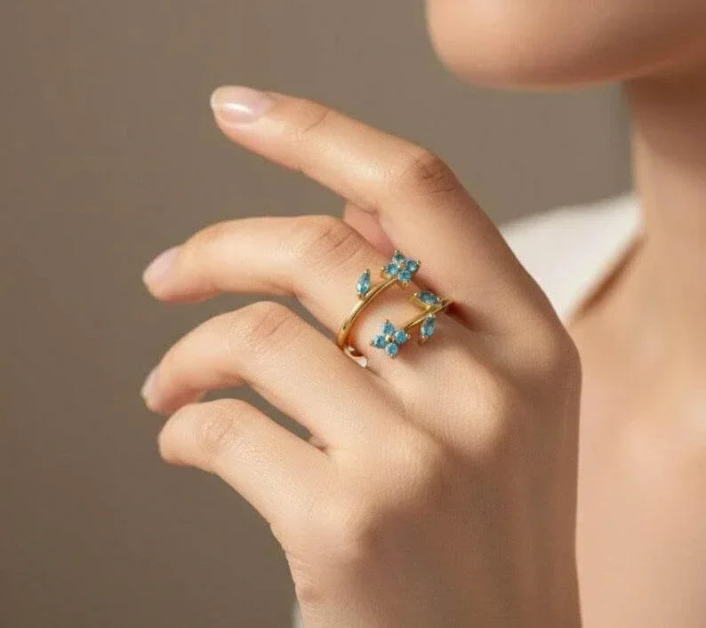 14k Gold Swiss Blue Topaz Wrap Ring, Floral Adjustable Ring - K Jewelry Accessories
