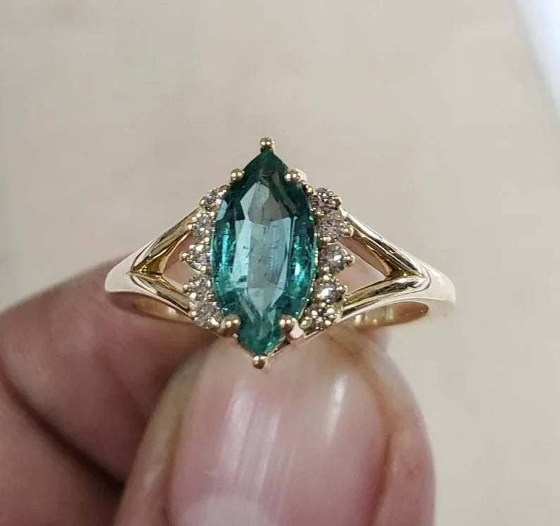 14k Gold Emerald and Diamond Ring – Natural Marquise Cut Gemstone Ring