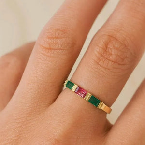 14k Gold Emerald and Pink Tourmaline Ring – Handmade Baguette Gemstone Band