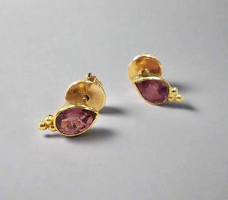 18k Solid Gold Teardrop Pink Tourmaline Gold Studs, Handmade Granules - K Jewelry Accessories