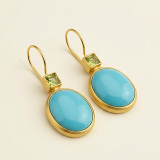 14K Gold Sleeping Beauty Turquoise and Square Peridot Dangle Earrings