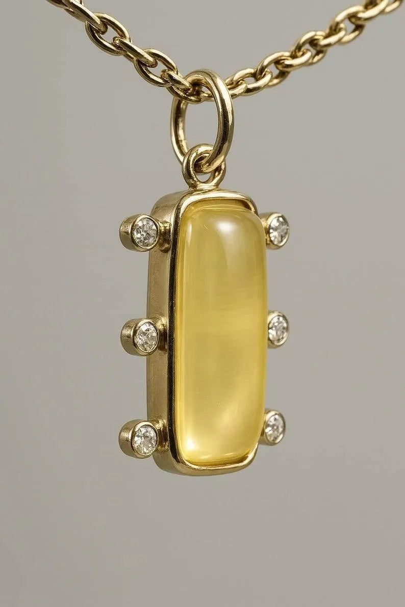 14k Solid Gold Yellow Opal and Diamond Pendant | Rectangular Cabochon Opal Necklace - K Jewelry Accessories