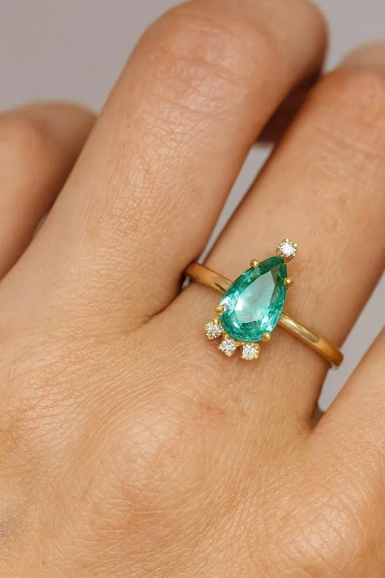 18K Gold Zambian Emerald & Diamond Ring – Pear Cut Gemstone Ring - K Jewelry Accessories