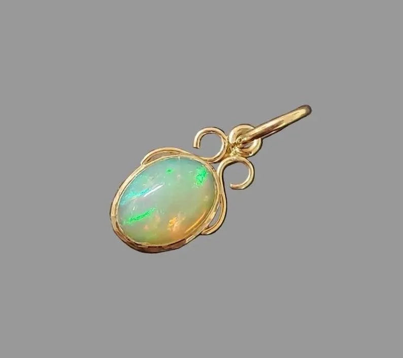 14k Gold Opal Pendant | Handmade Cabochon Necklace with Multi-Color Fire - K Jewelry Accessories