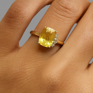 14k Gold Yellow Sapphire Ring: Cushion Cut Diamond