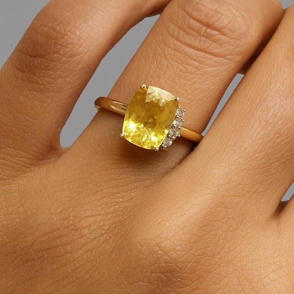 14k Gold Yellow Sapphire Ring: Cushion Cut Diamond