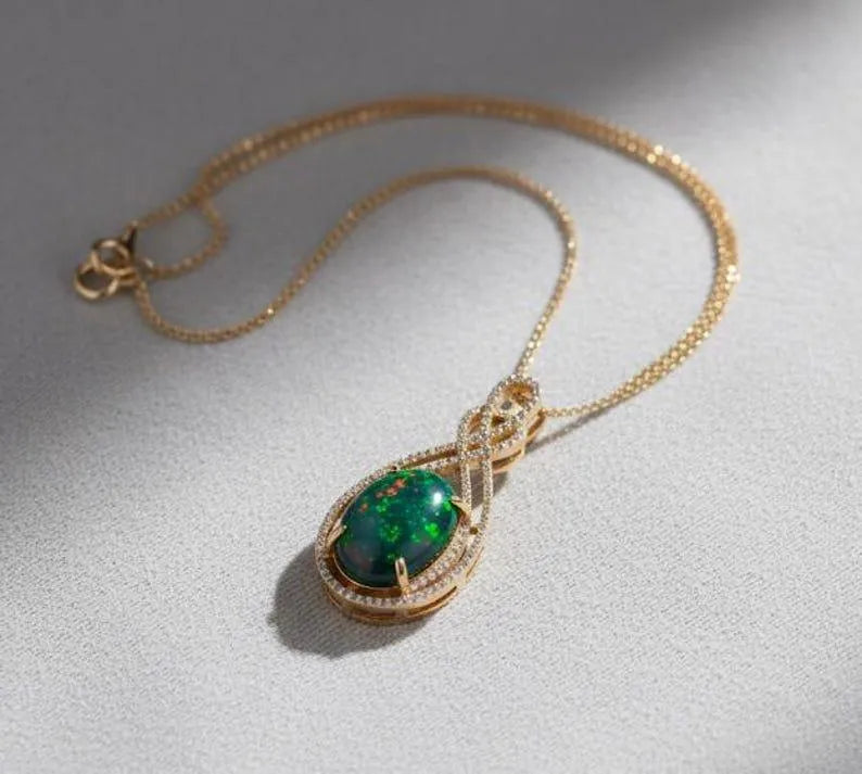 14k Gold Black Opal Pendant | Diamond Halo, Gothic Style - K Jewelry Accessories