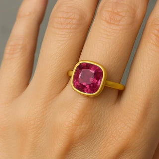 14k Gold Rubellite Tourmaline Ring • Cushion Cut, Bezel Set - K Jewelry Accessories